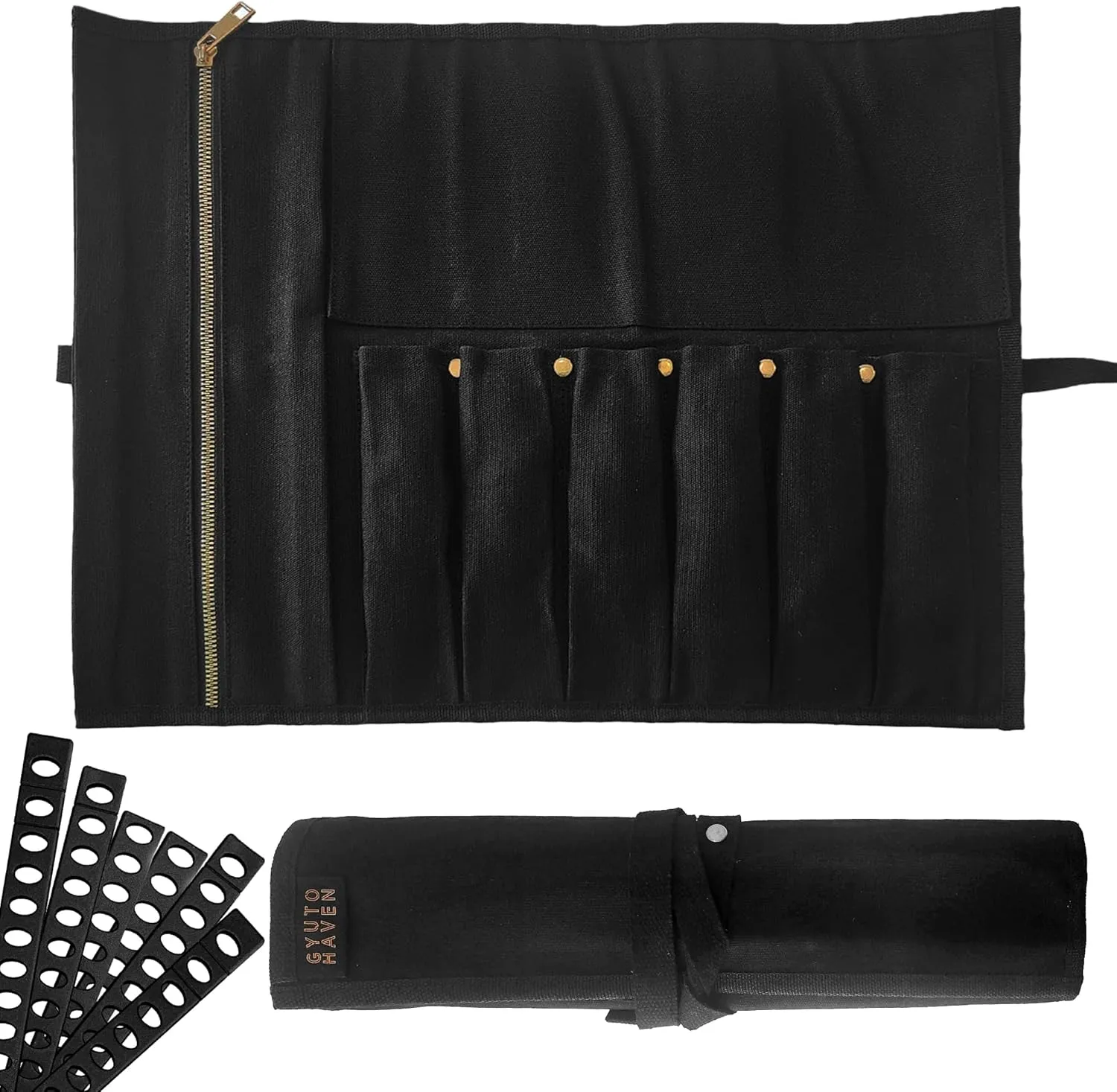 Chef Knife Roll Bag - Durable 6 Slot Black Waxed Canvas Knife Roll- Water Resistant Standard Knife Bag w/ Roll Tie, Large Zippered Pouch & 6 Plastic Knife Guards-Fits knives up to 2” wide & 15” long