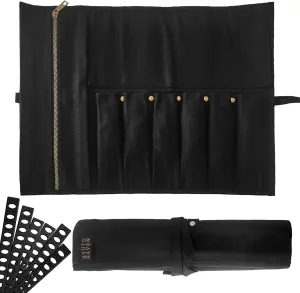 Chef Knife Roll Bag - Durable 6 Slot Black Waxed Canvas Knife Roll- Water Resistant Standard Knife Bag w/ Roll Tie, Large Zippered Pouch & 6 Plastic Knife Guards-Fits knives up to 2” wide & 15” long