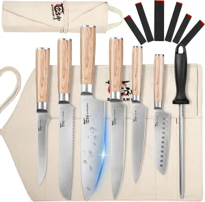 Chef Knife Set, 14pcs Japanese Kitchen Knife Set with Roll Bag, Pakkawood Handle, High Carbon Stainless Steel Professional Kitchen Knives for Camp Travel Outdoor