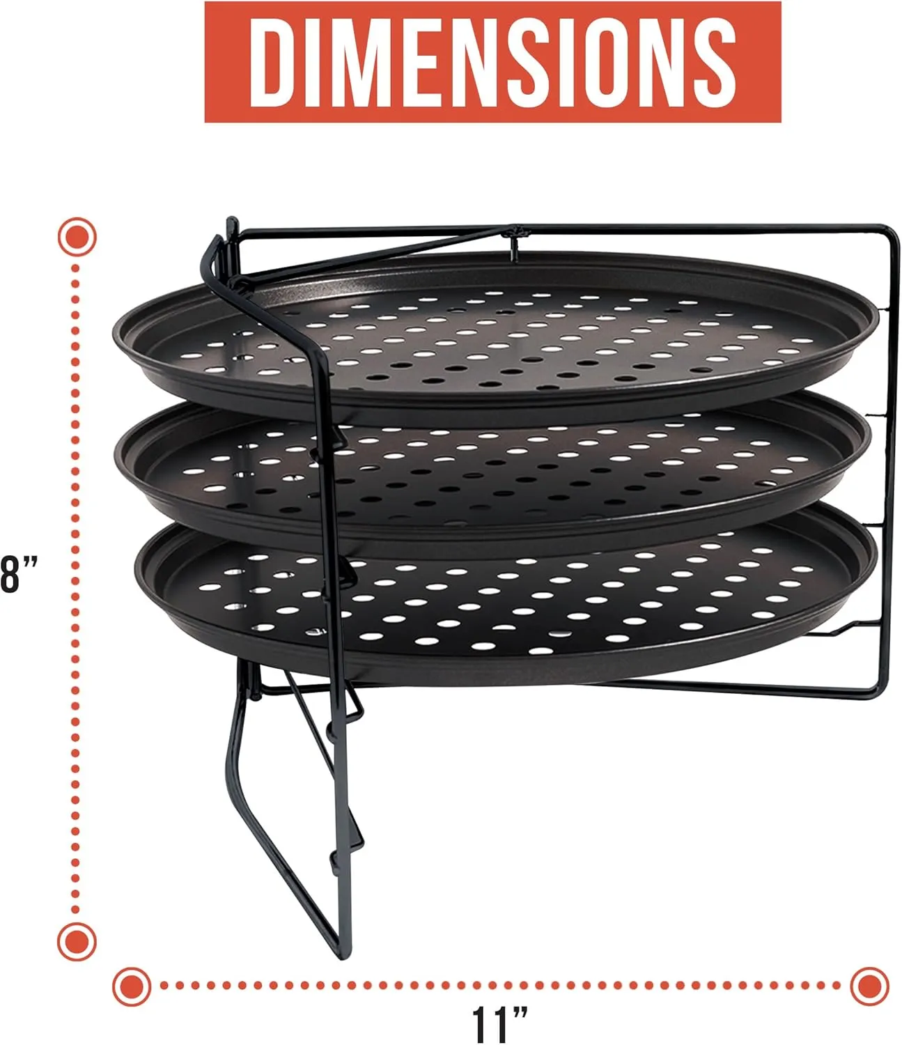 Chef Pomodoro Pizza Baking Set with 3 Pizza Pans and Pizza Rack, (11-Inch Pans), Non-stick Perforated Pizza Trays for Oven, Grill, Pizza Pan with Holes, Pizza Pan for Oven, Barbeque, Bakeware Supplies