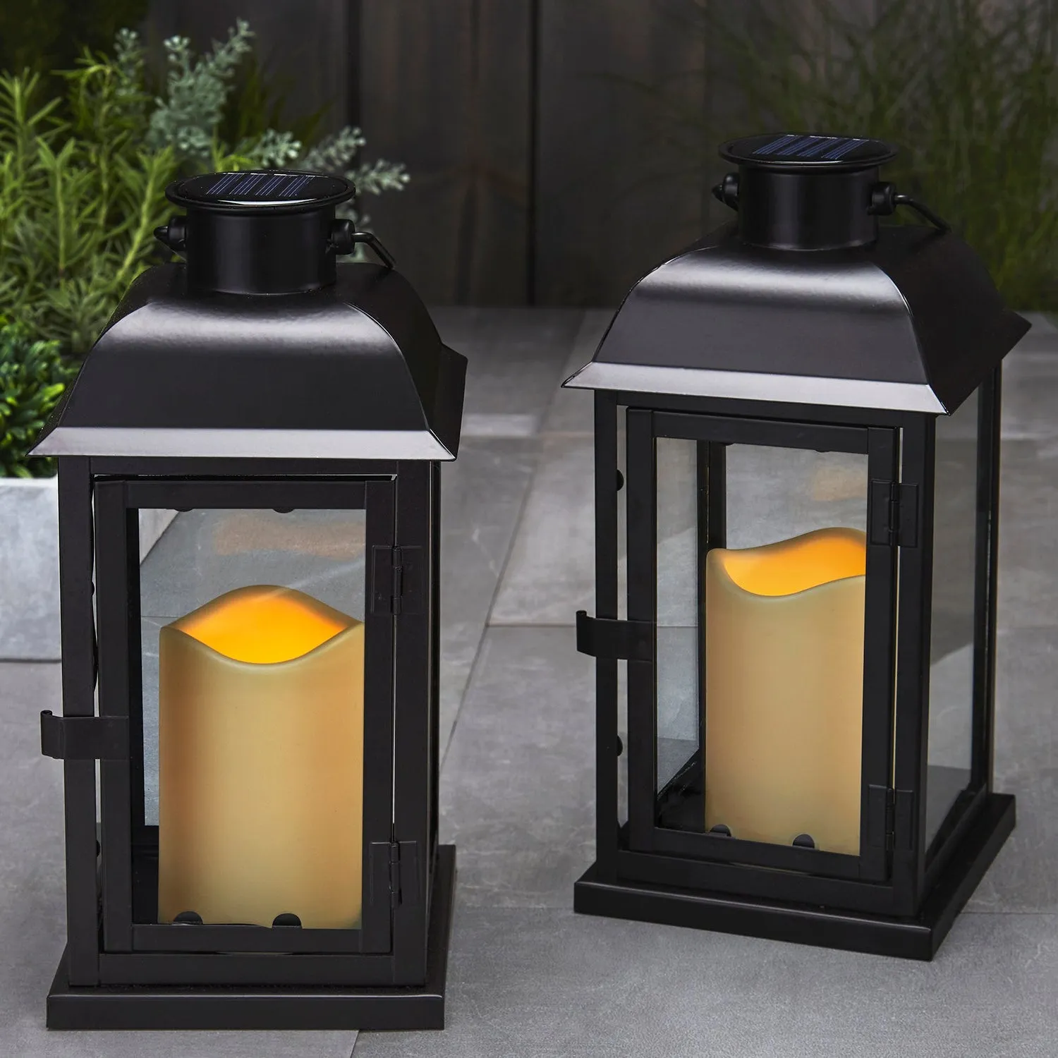 Chelsea Solar 11.5" Black Metal Flameless Lantern, Set of 2