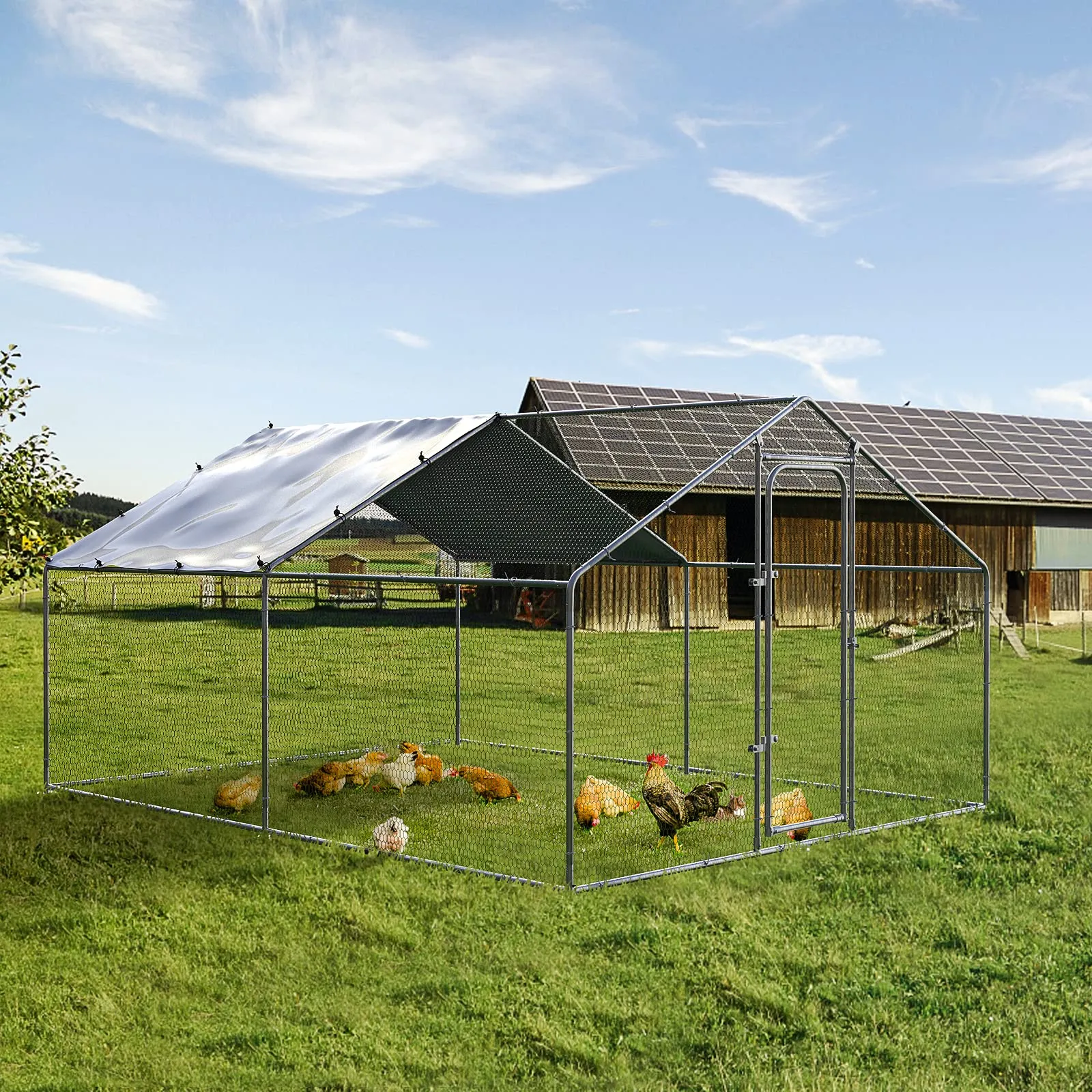 Chicken Coop Large Metal Chicken Run for Yard Chicken Pen/Cage Outdoor Walk-in Chicken House Heavy Duty Poultry Cage with Waterproof and Anti-UV Cover