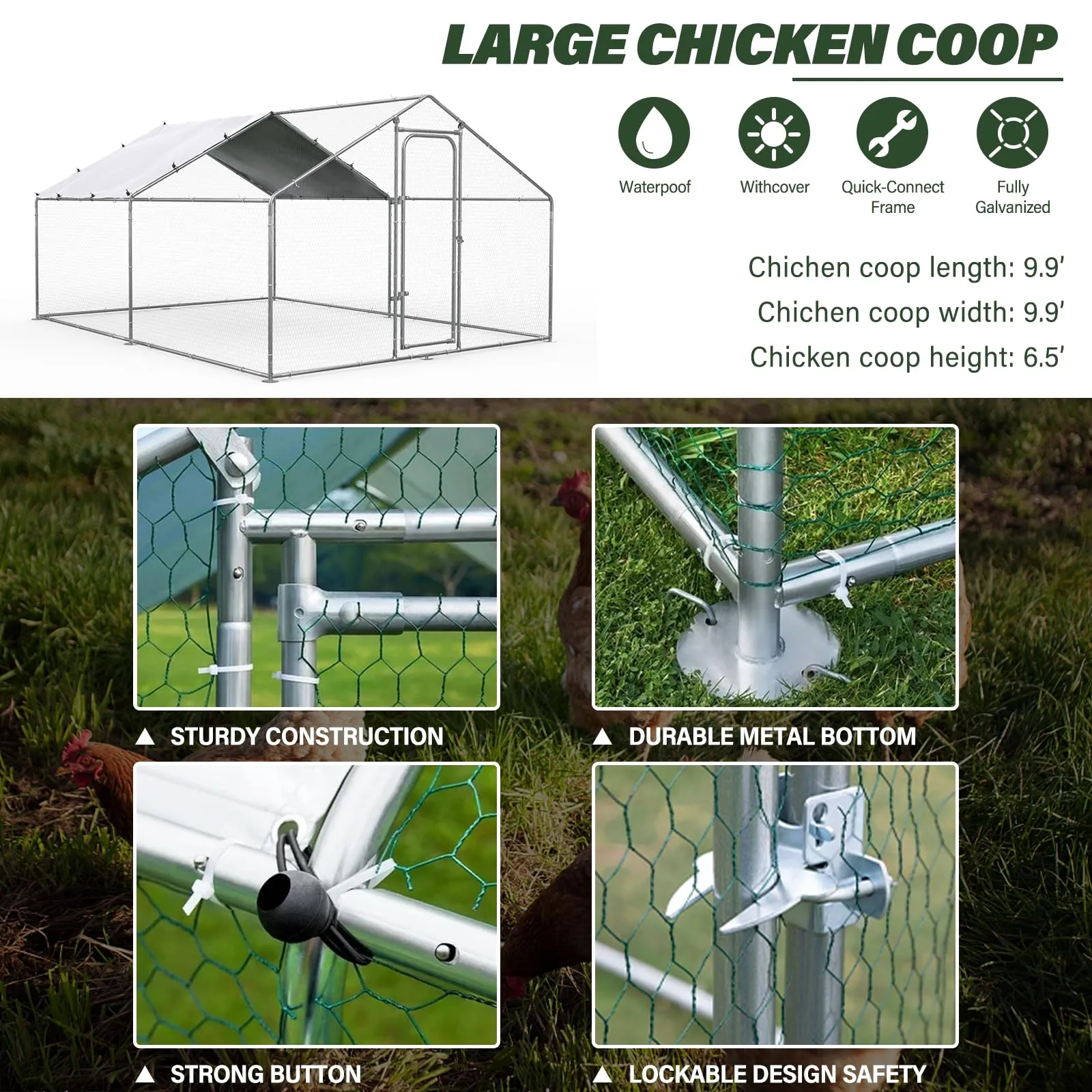 Chicken Coop Large Metal Chicken Run for Yard Chicken Pen/Cage Outdoor Walk-in Chicken House Heavy Duty Poultry Cage with Waterproof and Anti-UV Cover