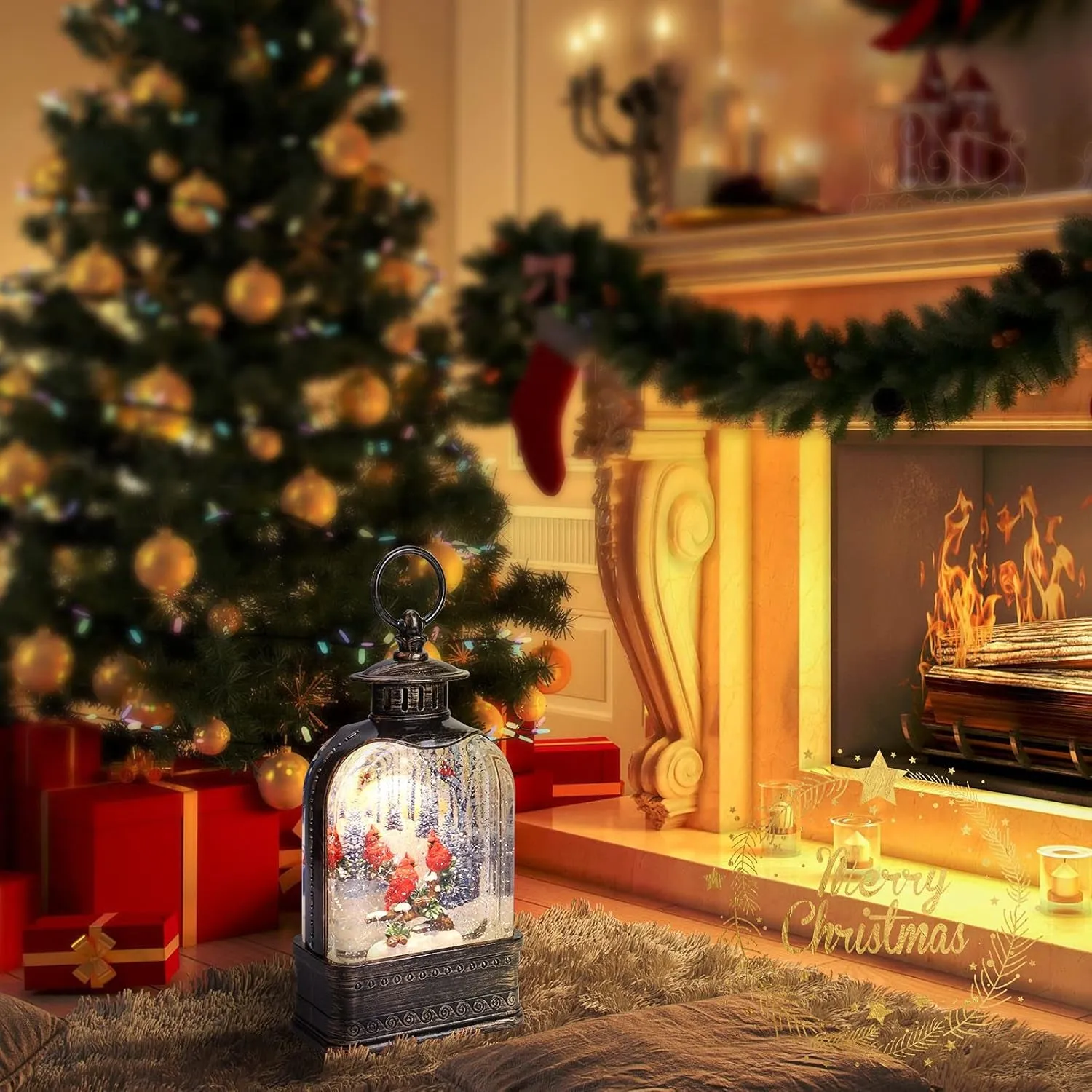 Christmas Snow Globes Musical Lantern Snow Globe with Cardinal Battery Operated Snowglobe Christmas Snow Globes Chritmas with Music Christmas Lantern Glitter Lantern Decor Gift 8 Songs 6H Timer