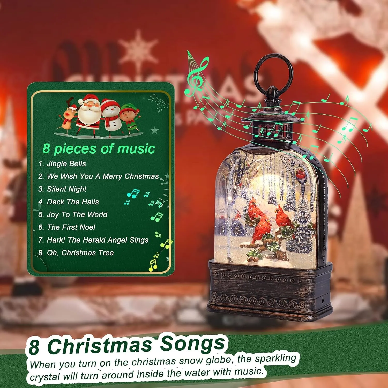 Christmas Snow Globes Musical Lantern Snow Globe with Cardinal Battery Operated Snowglobe Christmas Snow Globes Chritmas with Music Christmas Lantern Glitter Lantern Decor Gift 8 Songs 6H Timer
