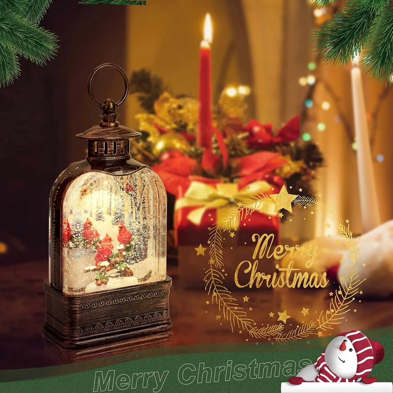 Christmas Snow Globes Musical Lantern Snow Globe with Cardinal Battery Operated Snowglobe Christmas Snow Globes Chritmas with Music Christmas Lantern Glitter Lantern Decor Gift 8 Songs 6H Timer