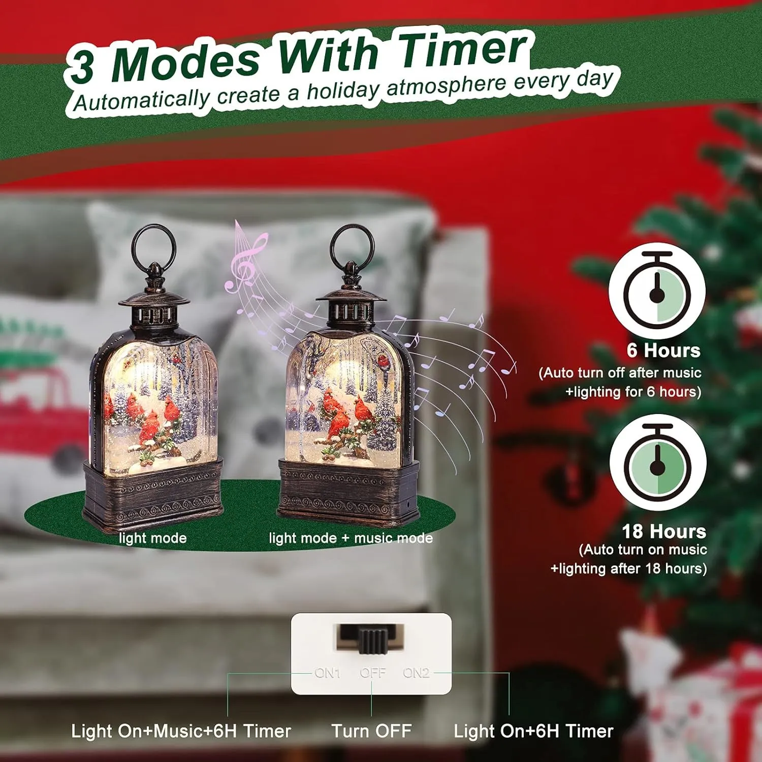 Christmas Snow Globes Musical Lantern Snow Globe with Cardinal Battery Operated Snowglobe Christmas Snow Globes Chritmas with Music Christmas Lantern Glitter Lantern Decor Gift 8 Songs 6H Timer