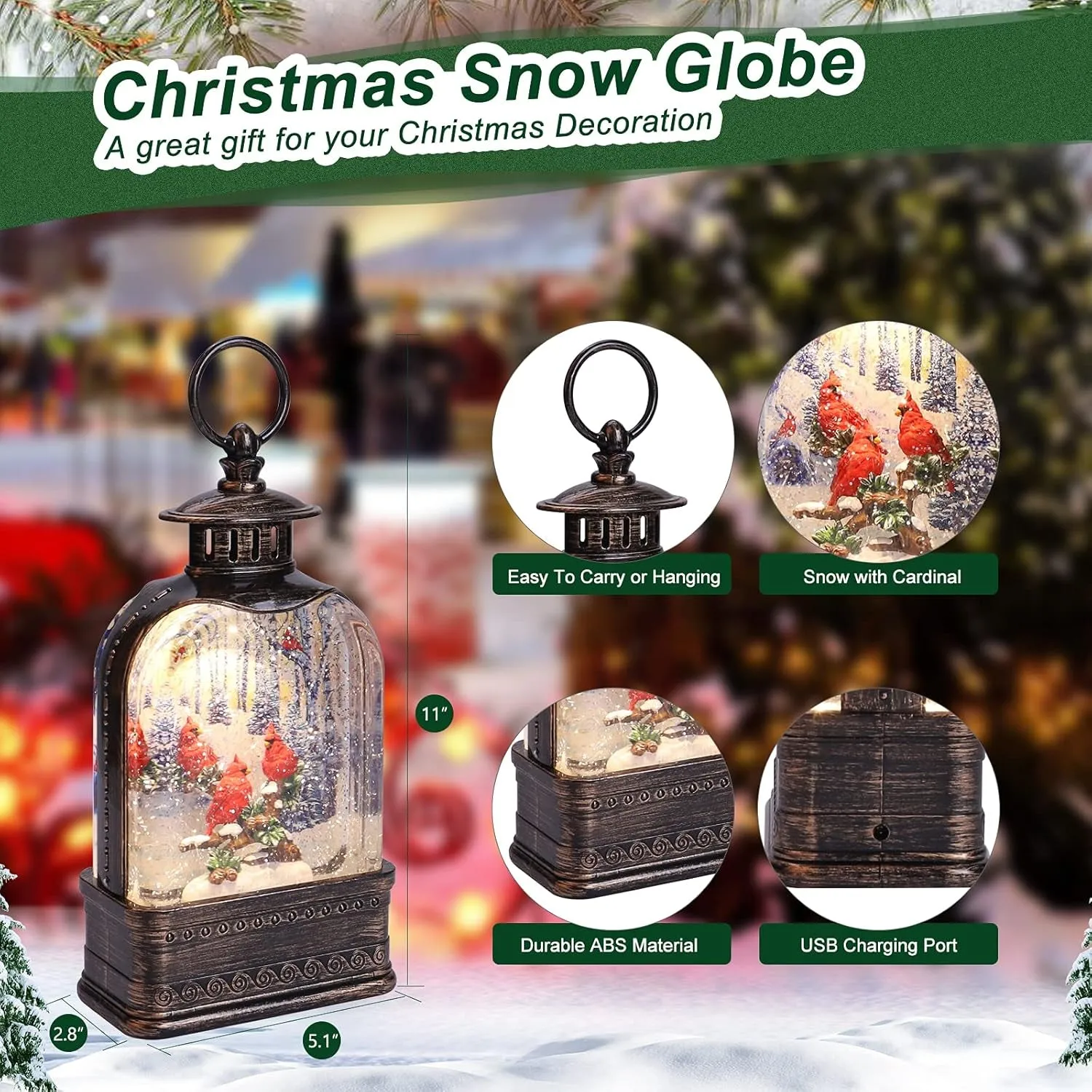 Christmas Snow Globes Musical Lantern Snow Globe with Cardinal Battery Operated Snowglobe Christmas Snow Globes Chritmas with Music Christmas Lantern Glitter Lantern Decor Gift 8 Songs 6H Timer