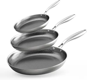 COOKER KING Non-toxic Frying Pans Set of 3 (8 10 12 Inch), Tri Ply Stainless Steel Pans, Induction Pan Set, Chef's Pan, Skillets Dishwasher & Oven Safe, Stay-Cool Handles, Compatible with All Cooktops