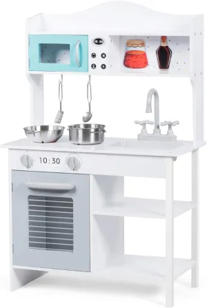 Costzon Kids Kitchen Playset, Wooden Play Kitchen w/Sink, Oven, Microwave, Stove, Pots, Utensils, Pretend Play Cooking Set w/Shelf, Cabinets, Great Gift for Toddlers Boys Girls (Modern)