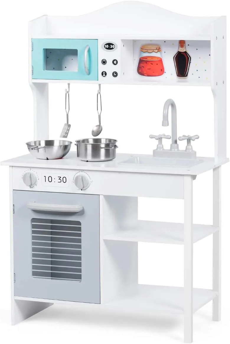 Costzon Kids Kitchen Playset, Wooden Play Kitchen w/Sink, Oven, Microwave, Stove, Pots, Utensils, Pretend Play Cooking Set w/Shelf, Cabinets, Great Gift for Toddlers Boys Girls (Modern)