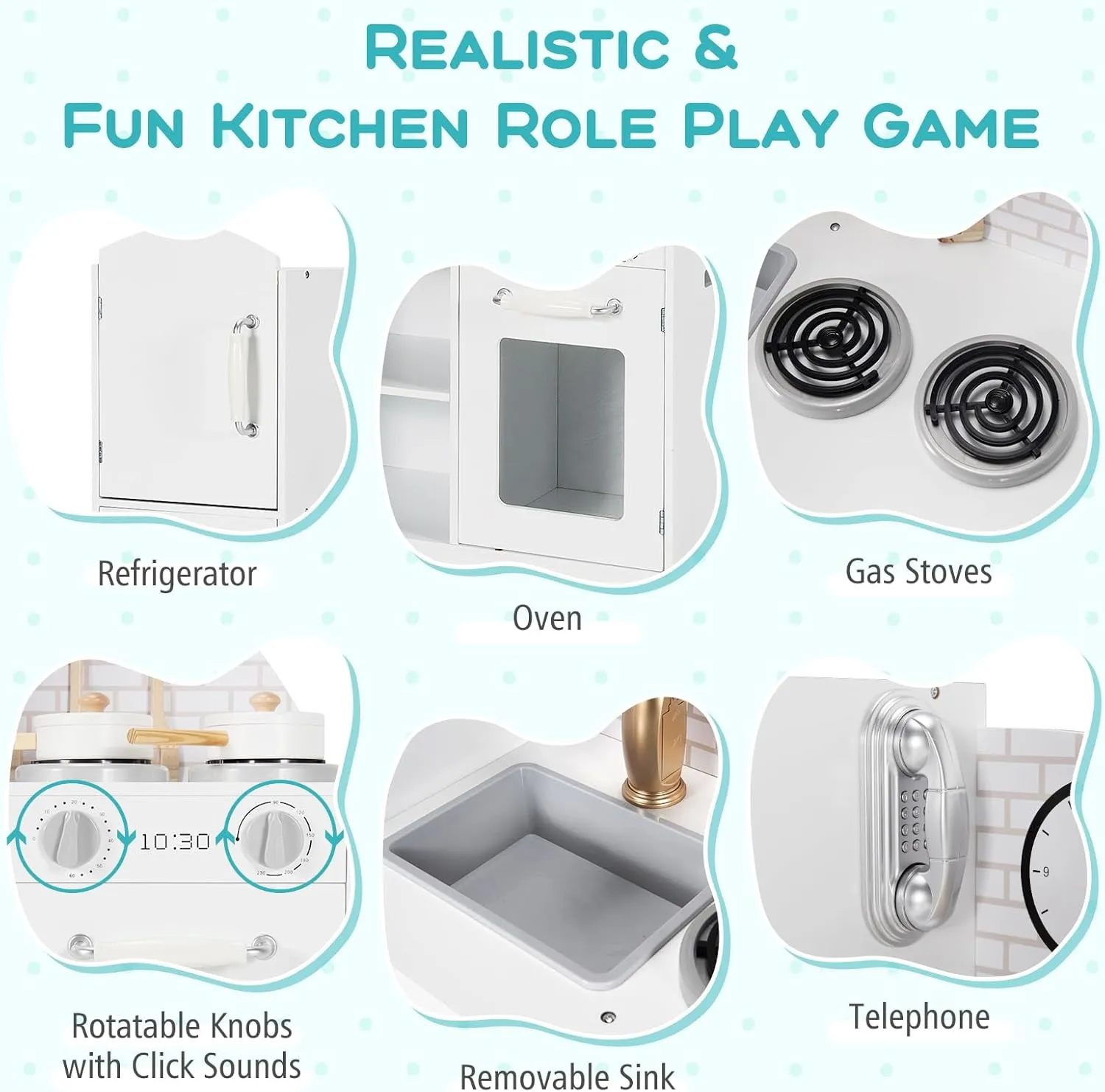 Costzon Kitchen Playset for Kids, Wooden Pretend Cooking Kitchen w/Utensils, Oven, Cabinets, Faucet, Sink & Telephone, Toddlers Play Kitchen Set with Accessories Gift for Age 3  (White)