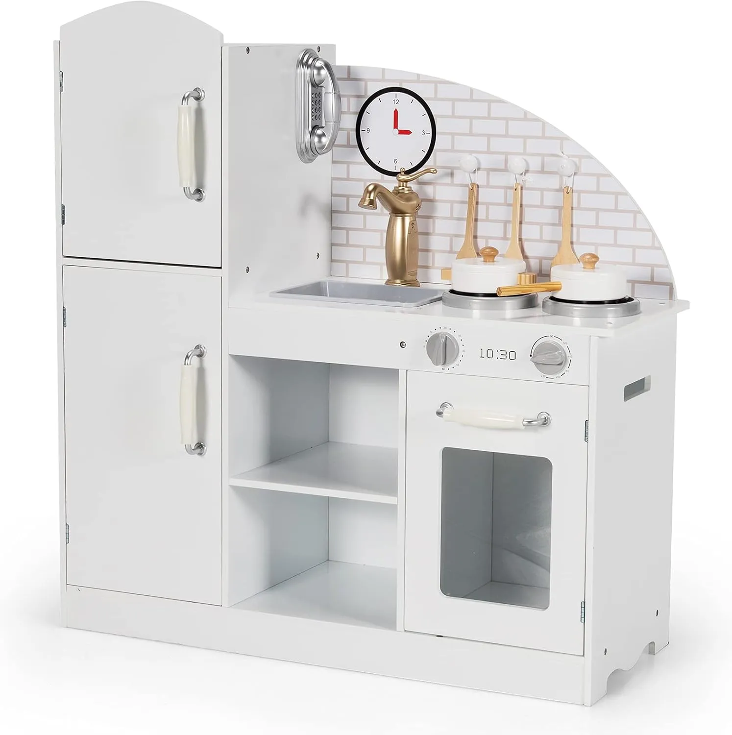 Costzon Kitchen Playset for Kids, Wooden Pretend Cooking Kitchen w/Utensils, Oven, Cabinets, Faucet, Sink & Telephone, Toddlers Play Kitchen Set with Accessories Gift for Age 3  (White)