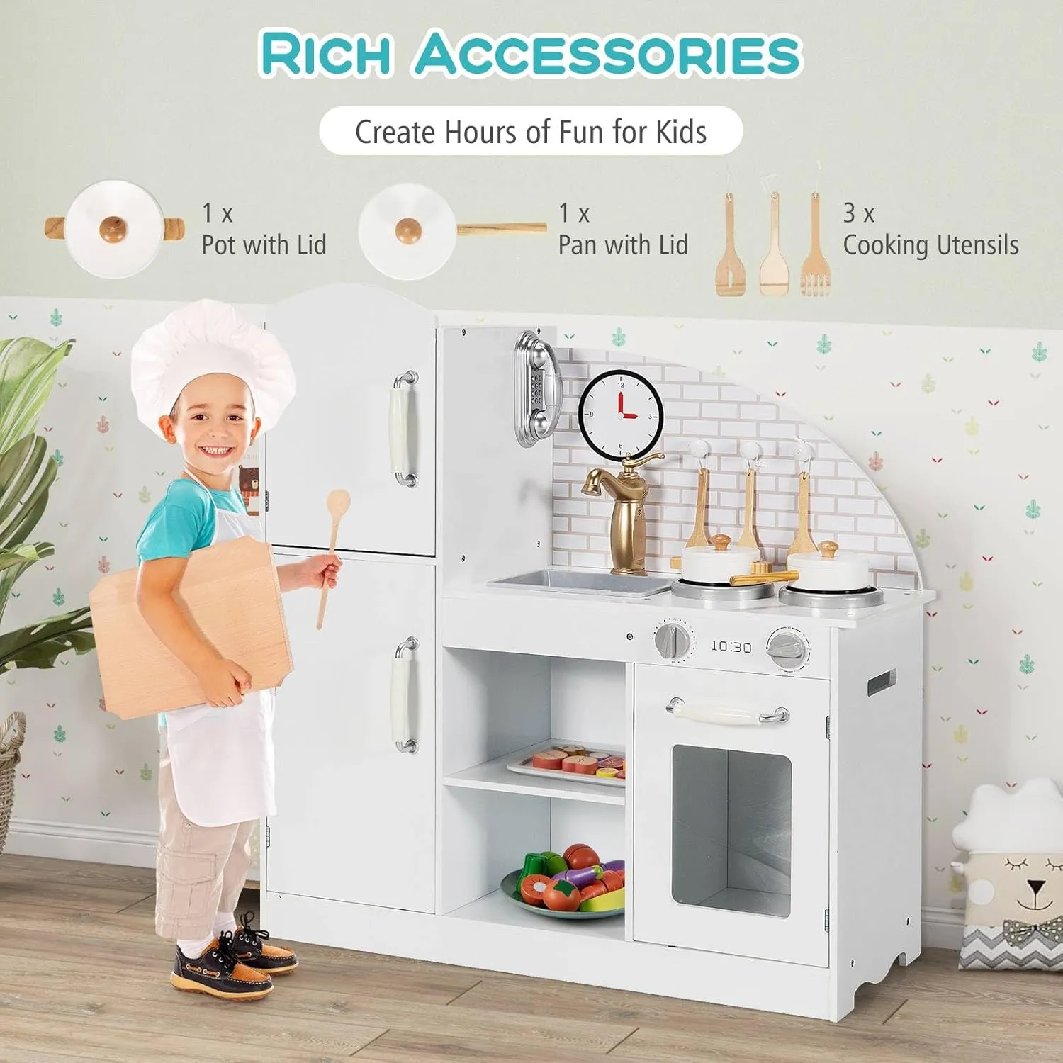 Costzon Kitchen Playset for Kids, Wooden Pretend Cooking Kitchen w/Utensils, Oven, Cabinets, Faucet, Sink & Telephone, Toddlers Play Kitchen Set with Accessories Gift for Age 3  (White)