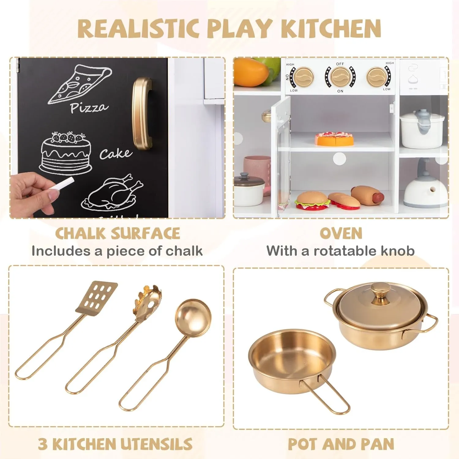 Costzon Play Kitchen for Kids, Wooden Toy Kitchen Set with Stoves, Microwave, Blackboard, Water Dispenser, Cooking Accessories, Kids Kitchen Playset with Sounds & Lights, Gift for Boys Girls Ages 3 