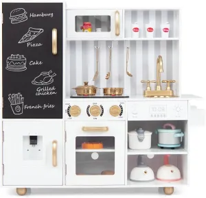 Costzon Play Kitchen for Kids, Wooden Toy Kitchen Set with Stoves, Microwave, Blackboard, Water Dispenser, Cooking Accessories, Kids Kitchen Playset with Sounds & Lights, Gift for Boys Girls Ages 3 