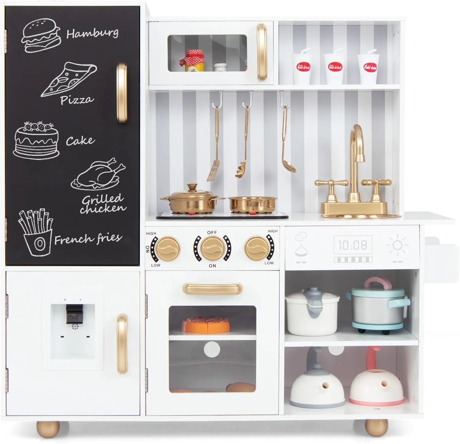 Costzon Play Kitchen for Kids, Wooden Toy Kitchen Set with Stoves, Microwave, Blackboard, Water Dispenser, Cooking Accessories, Kids Kitchen Playset with Sounds & Lights, Gift for Boys Girls Ages 3 