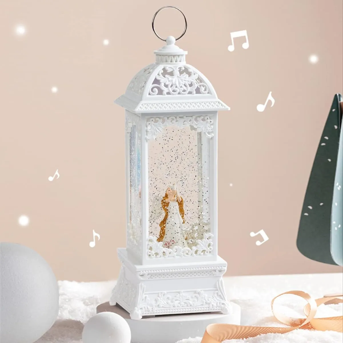 DANVON 12" White Angel with Pearls Snow Globe Lantern Lighted Box Night Light Battery or USB Operated with LED Lights Water Sparkle Playing Music for Home Decoration