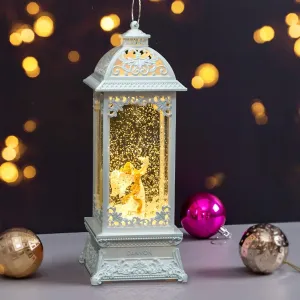 DANVON 12" White Angel with Pearls Snow Globe Lantern Lighted Box Night Light Battery or USB Operated with LED Lights Water Sparkle Playing Music for Home Decoration