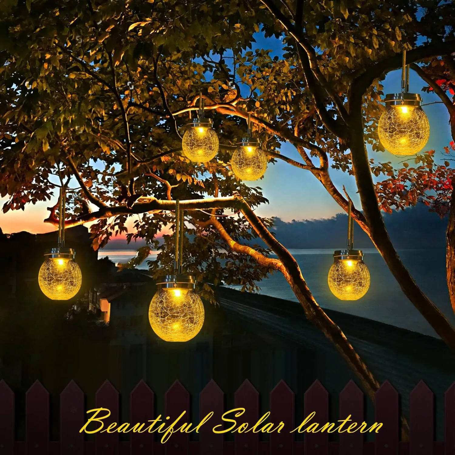 DBF Solar Lanterns Outdoor Waterproof, 2 Pack Hanging Solar Lights Outdoor, LED Cracked Glass Ball Globe Lantern Garden Decor for Patio Backyard Pathway Tree Porch Fence Events (Amber Warm & RGB)