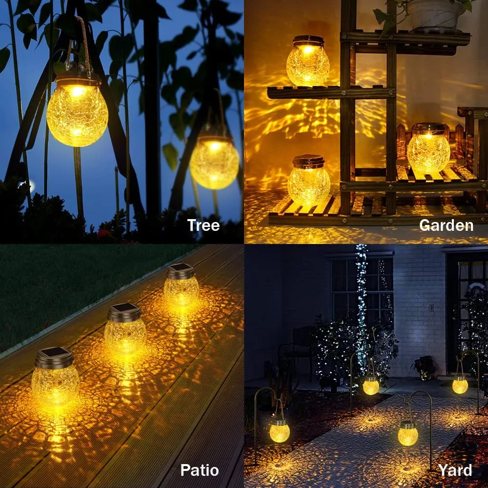 DBF Solar Lanterns Outdoor Waterproof, 2 Pack Hanging Solar Lights Outdoor, LED Cracked Glass Ball Globe Lantern Garden Decor for Patio Backyard Pathway Tree Porch Fence Events (Amber Warm & RGB)