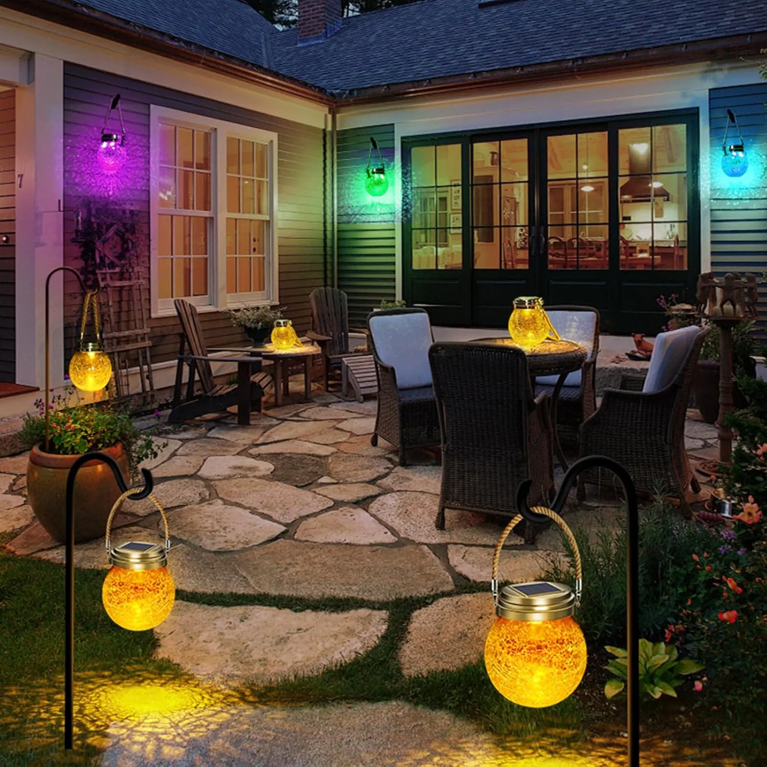 DBF Solar Lanterns Outdoor Waterproof, 2 Pack Hanging Solar Lights Outdoor, LED Cracked Glass Ball Globe Lantern Garden Decor for Patio Backyard Pathway Tree Porch Fence Events (Amber Warm & RGB)