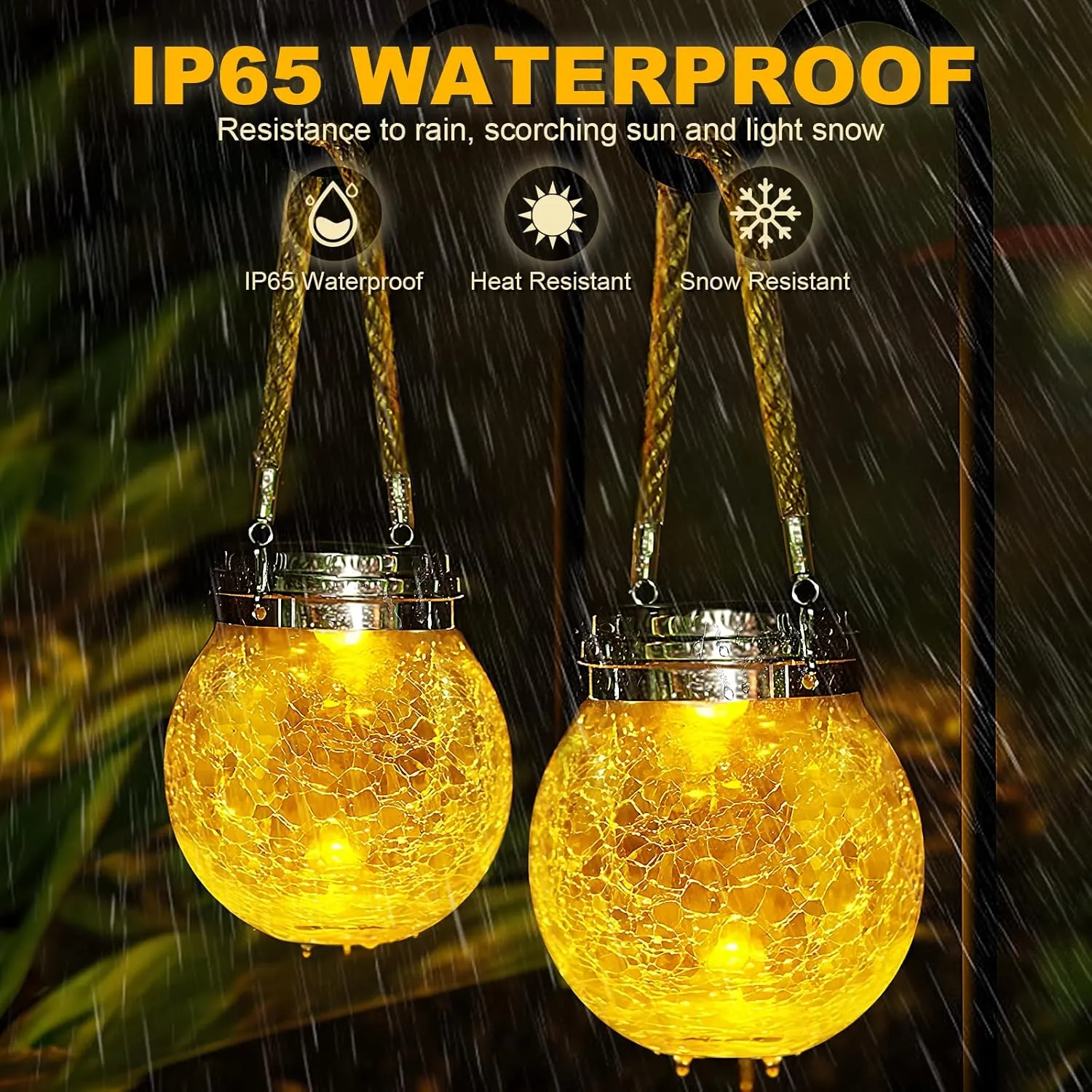 DBF Solar Lanterns Outdoor Waterproof, 2 Pack Hanging Solar Lights Outdoor, LED Cracked Glass Ball Globe Lantern Garden Decor for Patio Backyard Pathway Tree Porch Fence Events (Amber Warm & RGB)