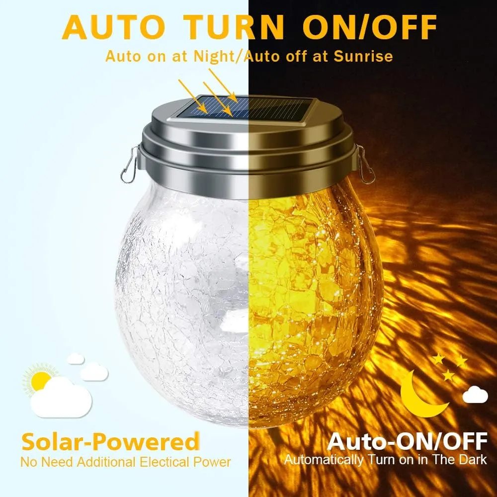 DBF Solar Lanterns Outdoor Waterproof, 2 Pack Hanging Solar Lights Outdoor, LED Cracked Glass Ball Globe Lantern Garden Decor for Patio Backyard Pathway Tree Porch Fence Events (Amber Warm & RGB)