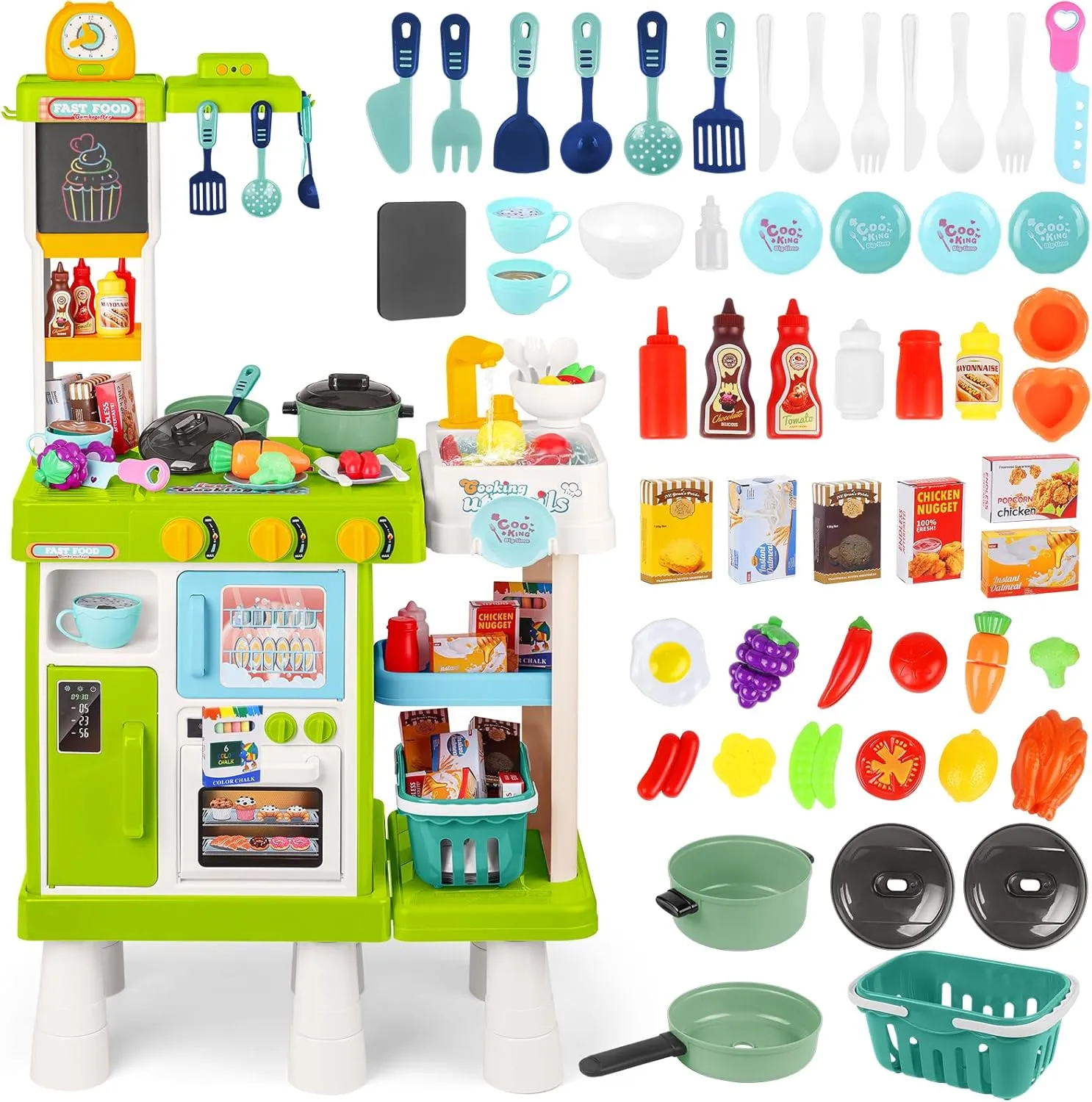 deAO Kids Kitchen Playset, Toddler Kitchen Playset with Sound & Light, Cooking Stove with Steam,Kitchen Toy for Kids Girls Boys 3-5(Green)
