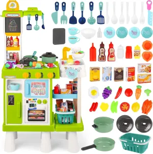 deAO Kids Kitchen Playset, Toddler Kitchen Playset with Sound & Light, Cooking Stove with Steam,Kitchen Toy for Kids Girls Boys 3-5(Green)