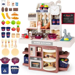 deAO Kitchen Playset Toy with Realistic Steam and Lights, Role Playing Game Pretend Food and Cooking Playset,37 PCS Mini Kitchen Accessories Set for 3 4 5 Years Old Girls Boys (Pink)