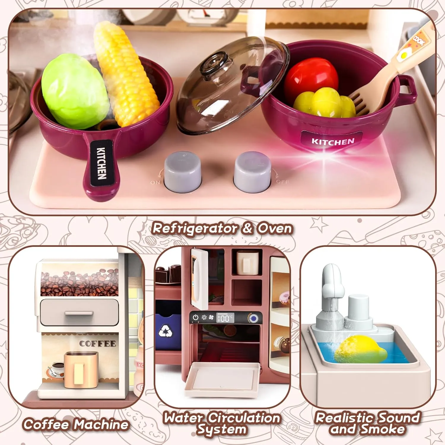 deAO Kitchen Playset Toy with Realistic Steam and Lights, Role Playing Game Pretend Food and Cooking Playset,37 PCS Mini Kitchen Accessories Set for 3 4 5 Years Old Girls Boys (Pink)