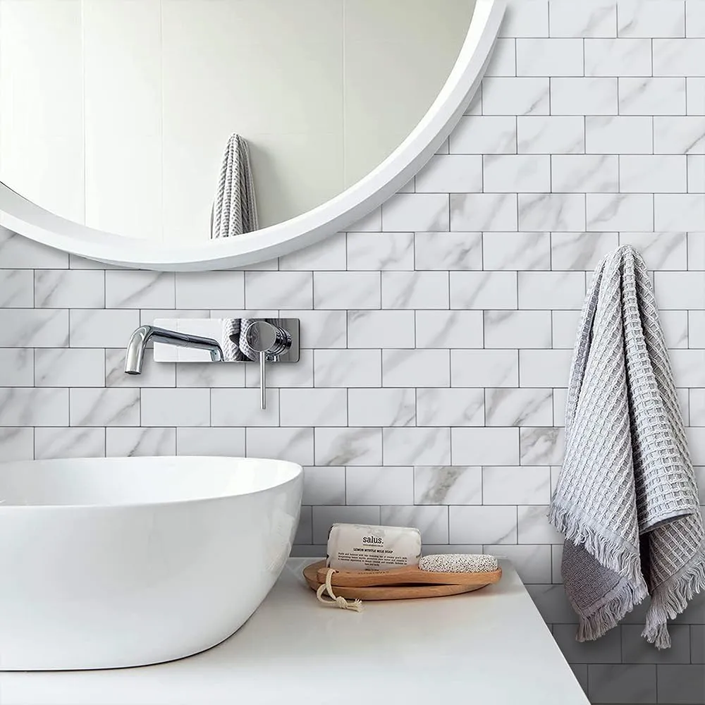 DICOFUN Polished White Marble Peel and Stick Backsplash Wall Tiles, 12"x12" Thick PVC Subway Tile for Kitchen Backsplash, 10 Sheets