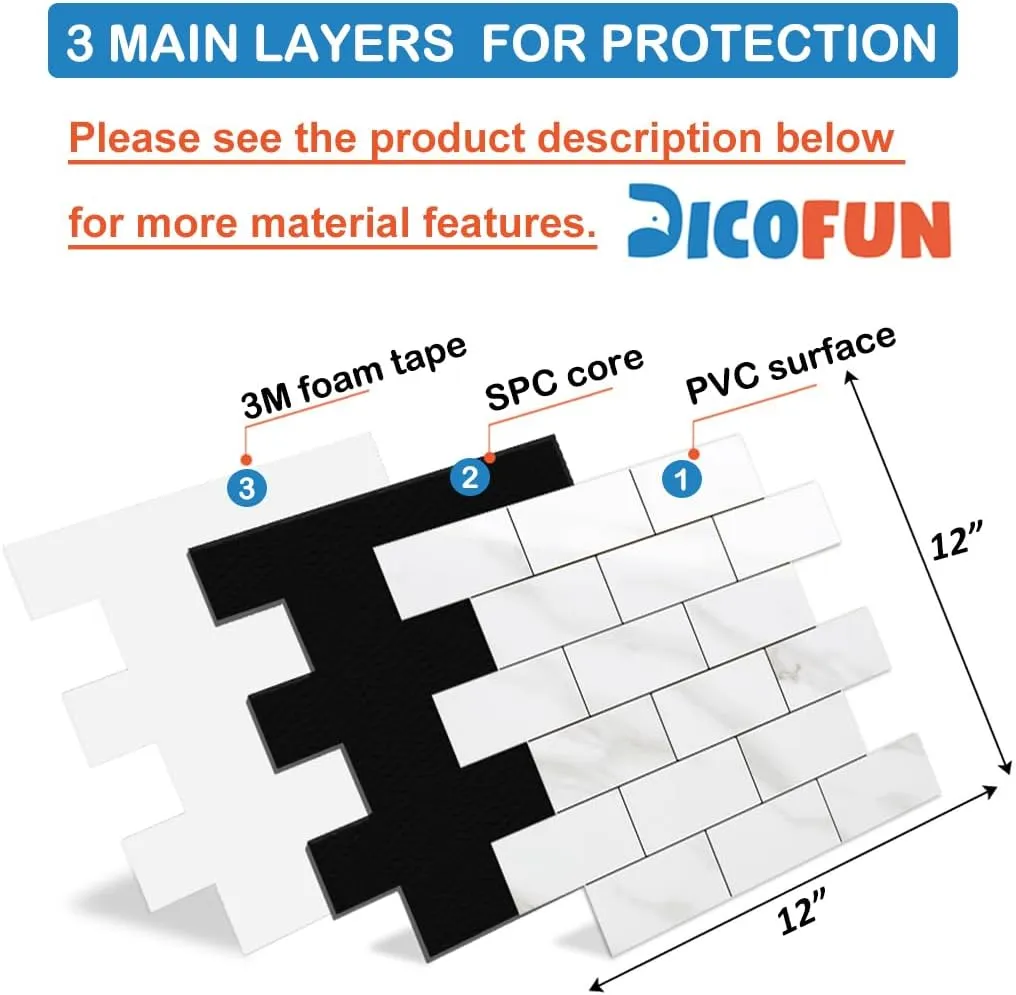 DICOFUN Polished White Marble Peel and Stick Backsplash Wall Tiles, 12"x12" Thick PVC Subway Tile for Kitchen Backsplash, 10 Sheets
