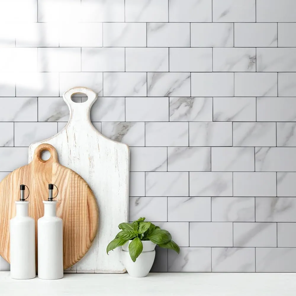 DICOFUN Polished White Marble Peel and Stick Backsplash Wall Tiles, 12"x12" Thick PVC Subway Tile for Kitchen Backsplash, 10 Sheets