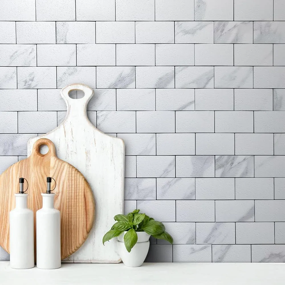 DICOFUN White Marble Peel and Stick Backsplash Wall Tiles, 12"x12" Thick PVC Subway Tile for Kitchen Backsplash, 10