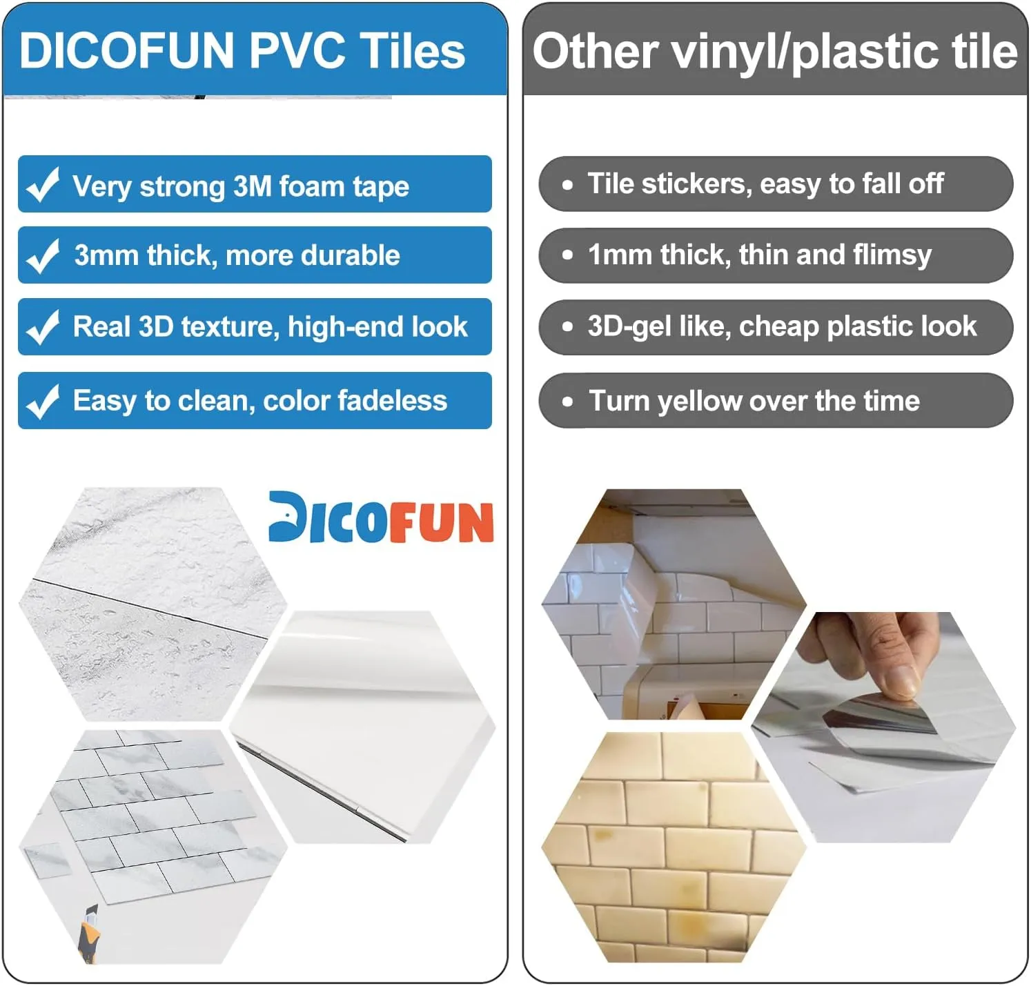 DICOFUN White Marble Peel and Stick Backsplash Wall Tiles, 12"x12" Thick PVC Subway Tile for Kitchen Backsplash, 10