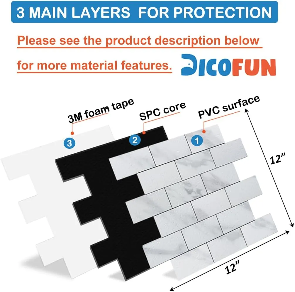 DICOFUN White Marble Peel and Stick Backsplash Wall Tiles, 12"x12" Thick PVC Subway Tile for Kitchen Backsplash, 10