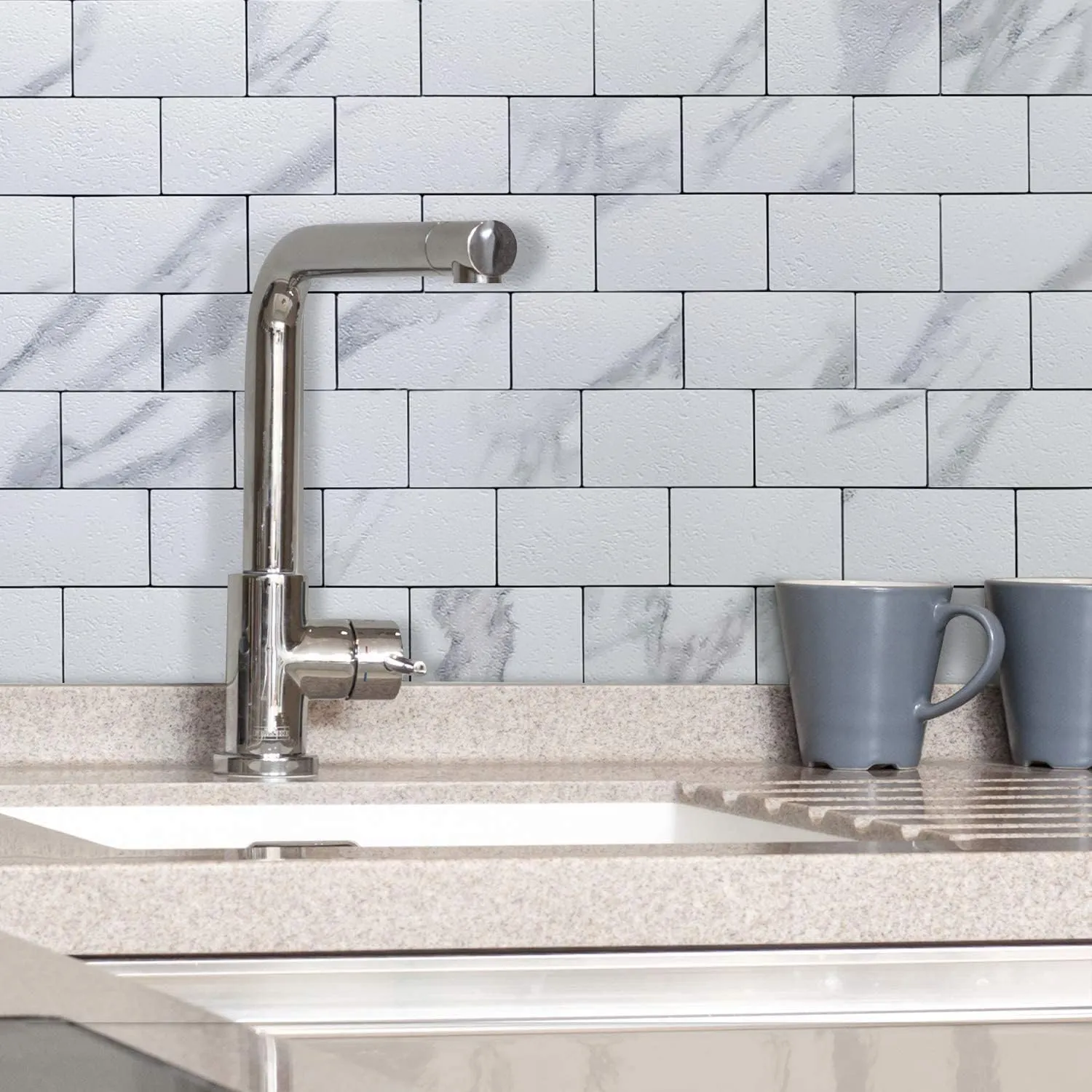 DICOFUN White Marble Peel and Stick Backsplash Wall Tiles, 12"x12" Thick PVC Subway Tile for Kitchen Backsplash, 10