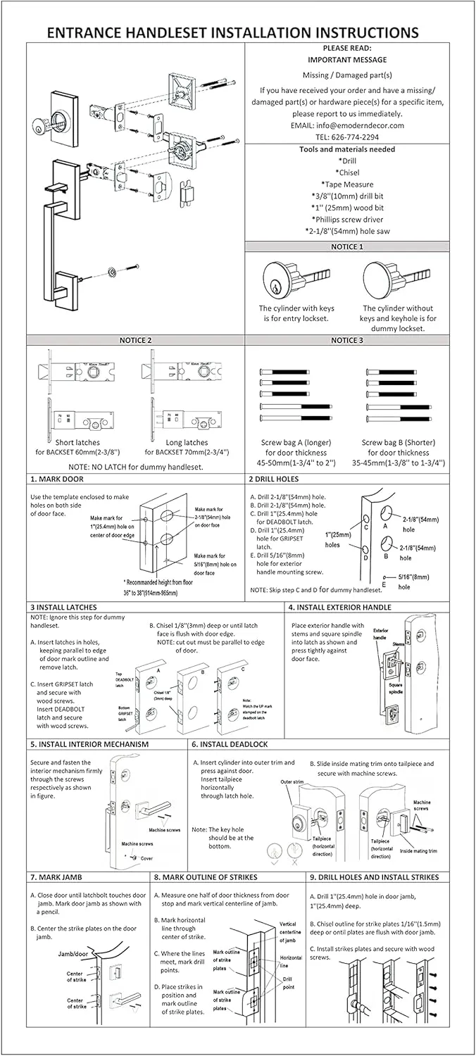 Double Door Handle Sets with Single Cylinder Deadbolt, Rectangular Adjustable Entry Door Lock Sets with Dummy (Arch Lever, Oil Rubbed Bronze)