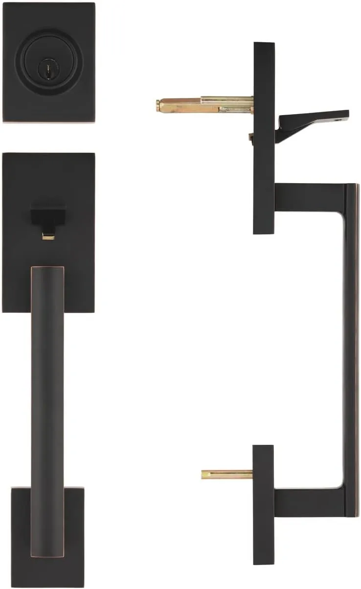 Double Door Handle Sets with Single Cylinder Deadbolt, Rectangular Adjustable Entry Door Lock Sets with Dummy (Arch Lever, Oil Rubbed Bronze)