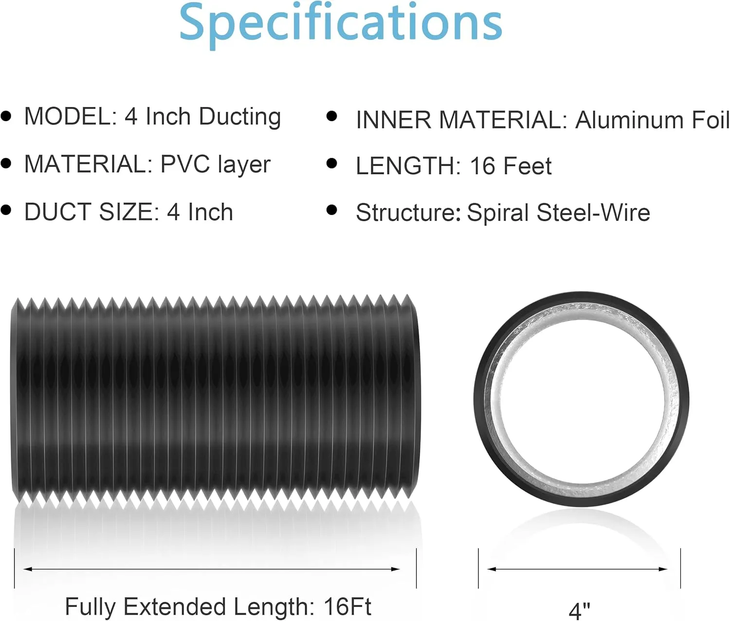 Dryer Vent Hose, 4'' Insulated Flexible Duct 16FT with 2 Duct Clamps, Heavy-Duty Three Layer Protection for HVAC Ventilation, Duct Fan Systems