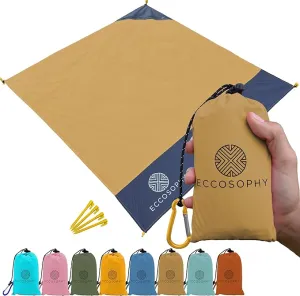 ECCOSOPHY Sand Proof Beach Blanket-Waterproof Picnic Blanket 60x55-Outdoor Compact Pocket Blanket-Lightweight Ground Cover for Hiking, Camping, Festivals, Sports, Travel-with Bag & Stakes (Caramel)