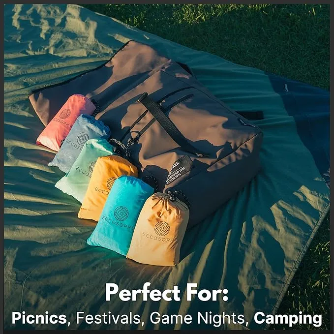 ECCOSOPHY Sand Proof Beach Blanket - Waterproof Picnic Blanket 60x55-Outdoor Compact Pocket Blanket-Lightweight Ground Cover for Hiking, Camping, Festivals, Sports, Travel-with Bag & Stakes Evergreen