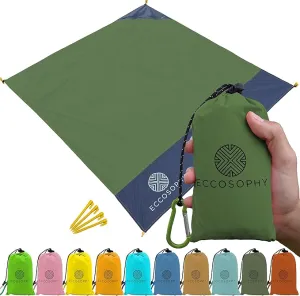 ECCOSOPHY Sand Proof Beach Blanket - Waterproof Picnic Blanket 60x55-Outdoor Compact Pocket Blanket-Lightweight Ground Cover for Hiking, Camping, Festivals, Sports, Travel-with Bag & Stakes Evergreen