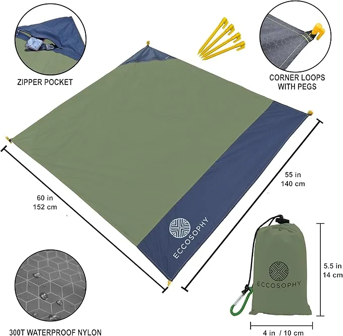 ECCOSOPHY Sand Proof Beach Blanket - Waterproof Picnic Blanket 60x55-Outdoor Compact Pocket Blanket-Lightweight Ground Cover for Hiking, Camping, Festivals, Sports, Travel-with Bag & Stakes Evergreen
