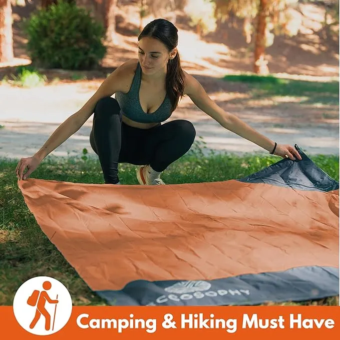 ECCOSOPHY Sand Proof Beach Blanket - Waterproof Picnic Blanket 60x55 Outdoor Compact Pocket Blanket Lightweight Ground Cover for Hiking Camping Festivals Sports Travel with Bag & Stakes (Terracotta)