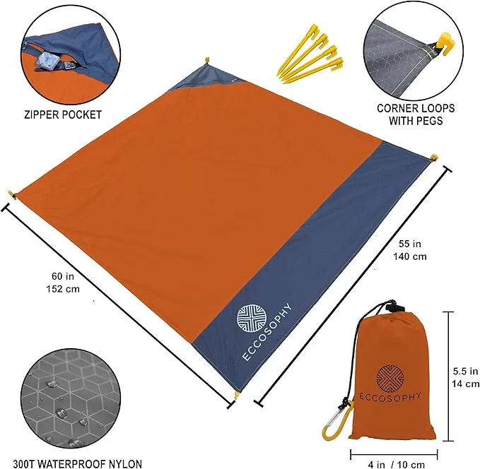 ECCOSOPHY Sand Proof Beach Blanket - Waterproof Picnic Blanket 60x55 Outdoor Compact Pocket Blanket Lightweight Ground Cover for Hiking Camping Festivals Sports Travel with Bag & Stakes (Terracotta)