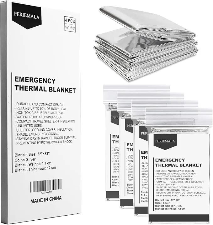 Emergency Blankets for Survival Gear (Pack of 4), Camping Blanket, Emergency Blanket, Thermal Blanket, Mylar Space Blanket, Survival Blanket, First Aid Supplies, Outdoors