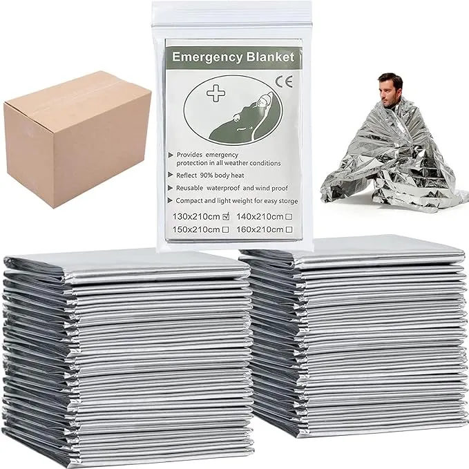 Emergency Foil Blanket (Pack of 50), Survival Thermal Mylar Blankets Individually Packaged Perfect for Outdoors, Hiking, Survival, Marathons or First Aid